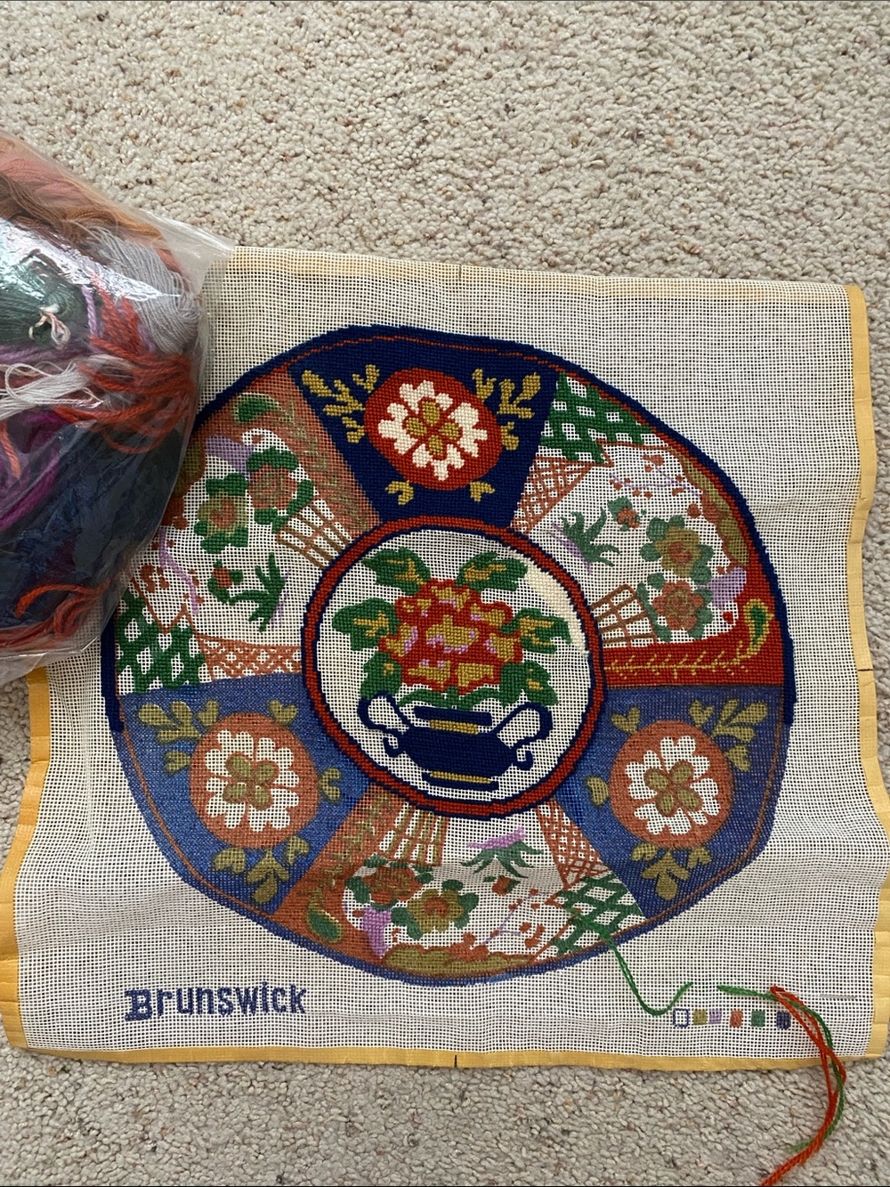 Brunswick Imari Plate Needlepoint Kit. Opened and Begun.